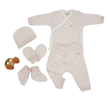 Set Bodysuit sơ sinh 5 món ComfyBaby CF1020-BODY-03M (quần áo dài, bao tay chân, mũ) 100% Cotton kẻ sọc màu xanh 