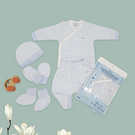 Set Bodysuit sơ sinh 5 món ComfyBaby CF1020-BODY-03M (quần áo dài, bao tay chân, mũ) 100% Cotton kẻ sọc màu xanh 