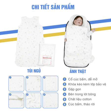 Túi ngủ mùa đông Tinylove TL1020-TNN cotton trần bông, khóa kéo bên hông,màu trắng họa tiết cho bé.