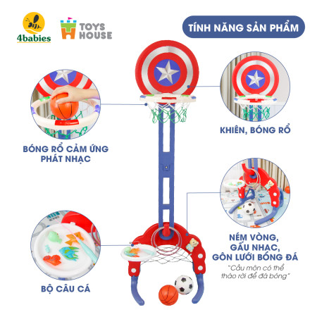 Bộ đồ chơi thể thao đa năng cho bé: Bóng đá, ném vòng, bóng rổ hình khiên KT 156*63*49 Toys House WM19041-B , màu xanh