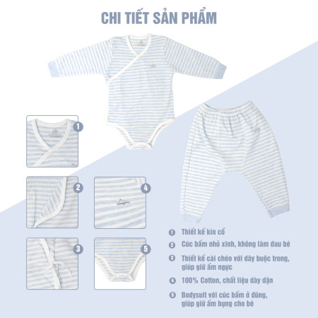 Set quần áo Bodysuit cài chéo giữ ấm ngực kèm quần rời Comfybaby CF1020-BODY 100% Cotton dày dặn cho bé từ 3 tháng đến 12 tháng kẻ sọc xanh